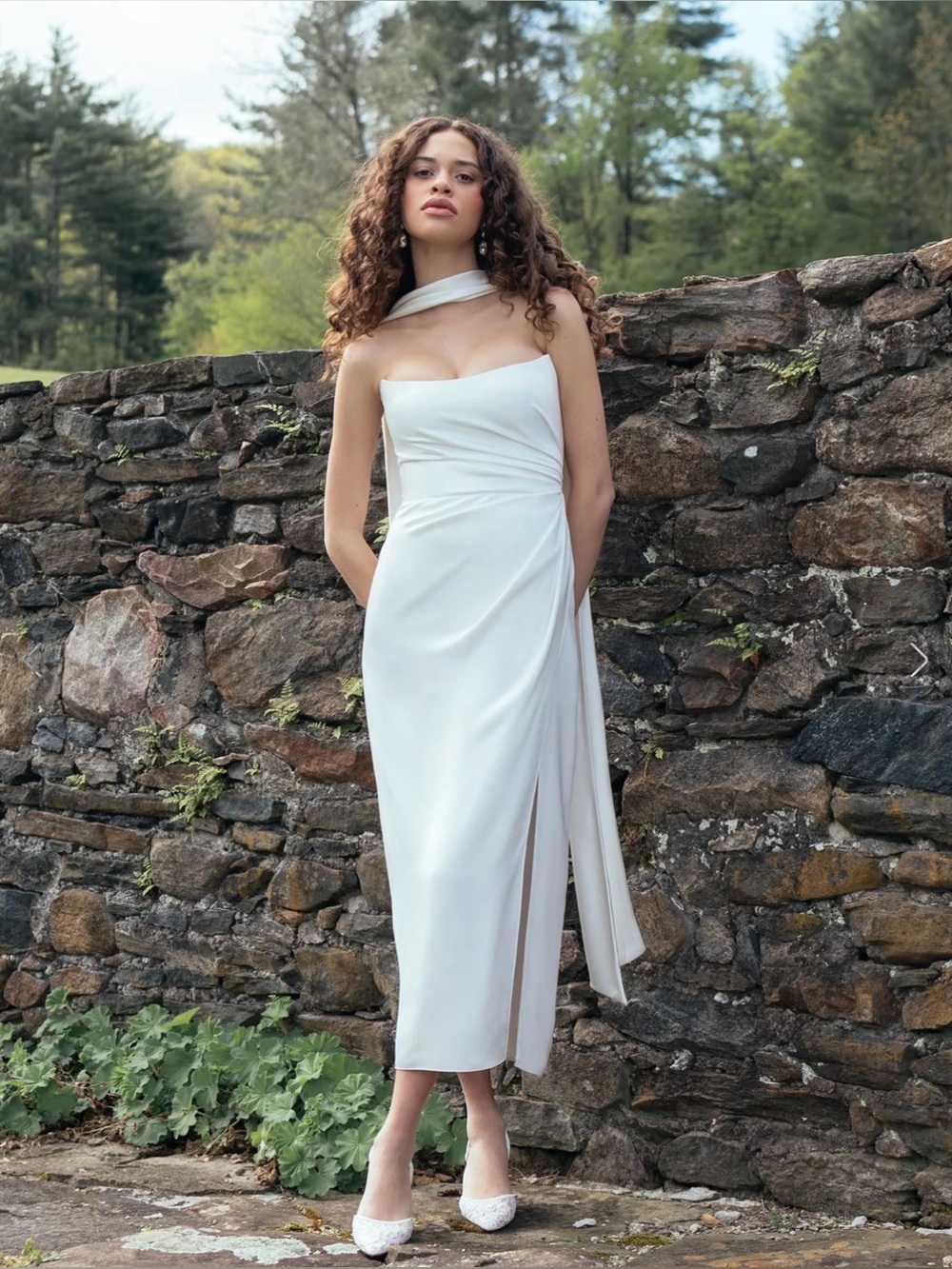 Jenny Yoo White Satin Halter Maxi Dress with Scarf - Picture 2 of 8